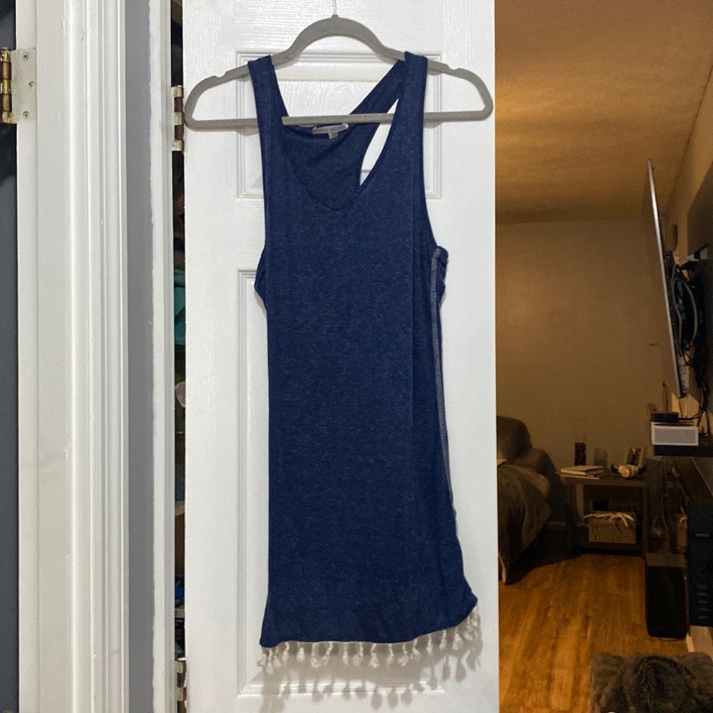 Blue dress with white fringe at the bottom T-shirt material